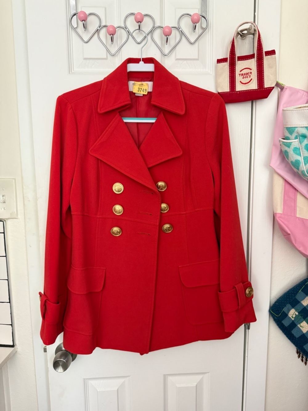 Forever 21 Red Double-Breasted Pea Coat with Gold Buttons
